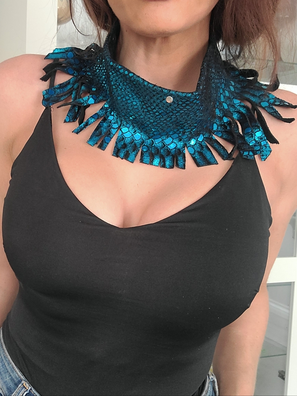 Blue Metallic Leather Fringe Statement NecklaceWomen'smen Jewelry